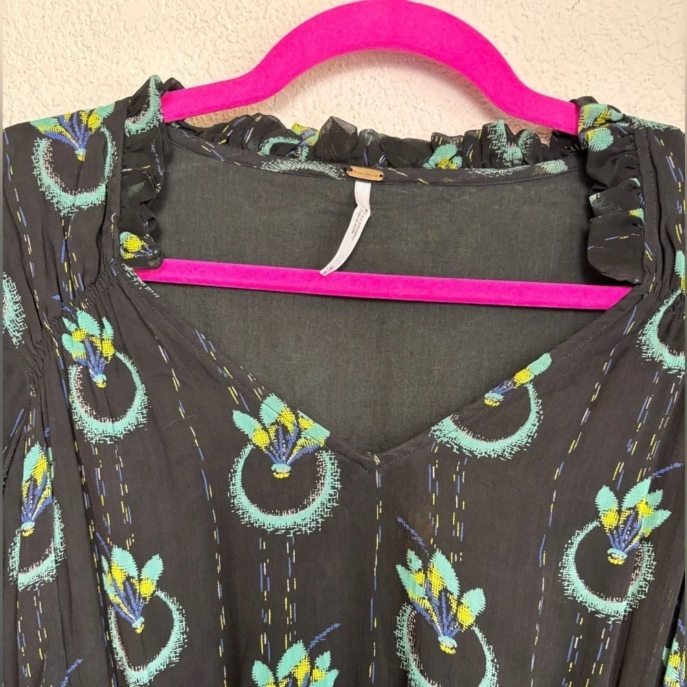 Free People Black Wild Horses Peacock Print Boho Long Sleeve Flounce Hem Dress M